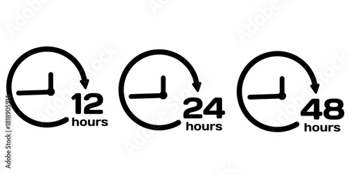 Set of 12, 24, and 48-hour service icons. Icons for service hours on a white background.