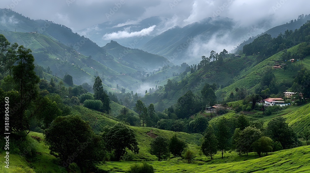 Fototapeta premium Beautiful landscape of rolling green hills covered in a lush tea plantation. a few small houses are nestled in the landscape with low-hanging fog.