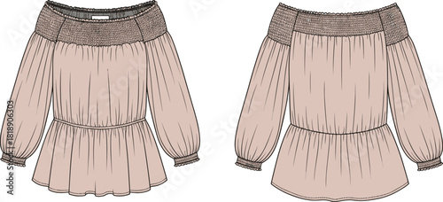 Women off shoulder blouse vector, peasant top flat sketch, long sleeve fashion illustration, smocked neck, technical drawing, front and back view, beige clothing design template.