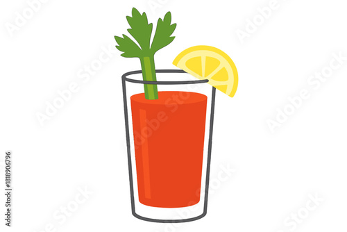 Tall glass filled with red beverage garnished with a celery stick and a lemon slice