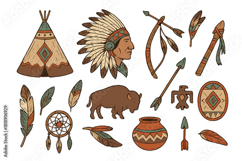 Set of traditional Native American cultural objects: teepee, headdress, bison, bow, and arrows