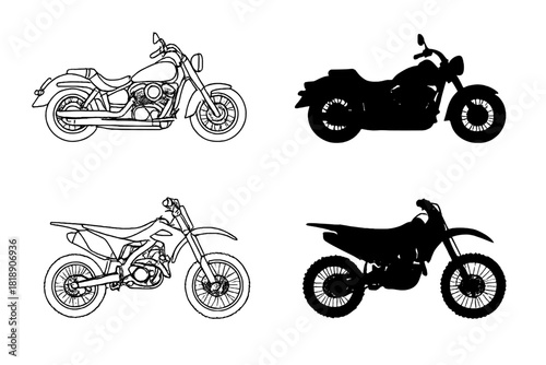 Set of four motorcycle designs including cruiser, chopper, dirt bike, and motocross styles
