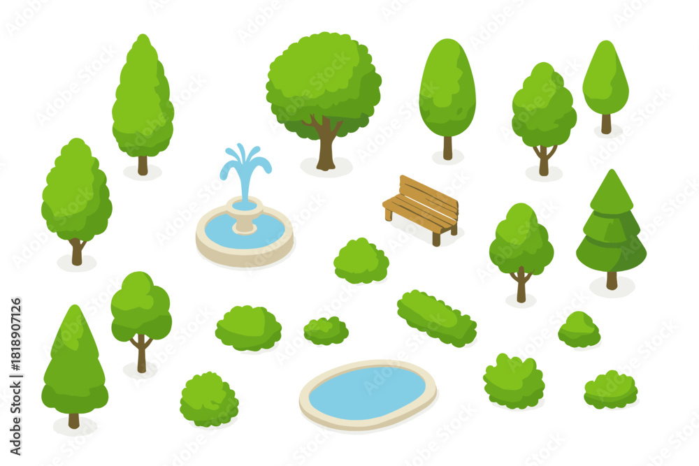 Fototapeta premium Isometric park and garden assets set with trees, bushes, fountain, pond, and bench