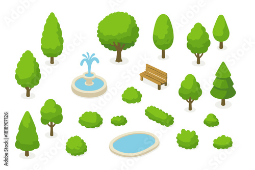 Isometric park and garden assets set with trees, bushes, fountain, pond, and bench