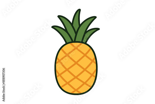 Stylized tropical pineapple fruit with green leaves and yellow body on white background