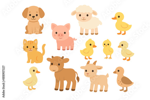 Cute baby farm animals and domestic pets: dog, cat, pig, sheep, cow, goat, and ducklings