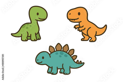 Collection of cute friendly prehistoric animal characters featuring three different dinosaur species