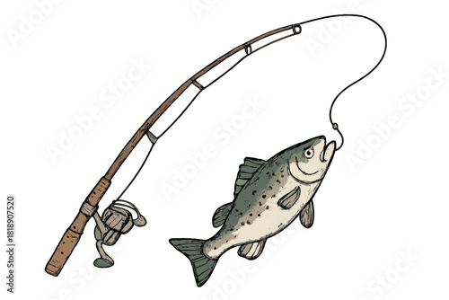 Large spotted fish caught on a hook attached to a classic wooden fishing rod and reel setup