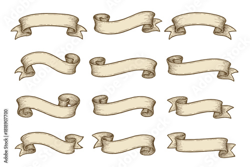 Set of twelve retro decorative scroll banners with vintage engraved texture