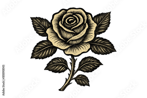 Detailed vintage engraved style rose flower with petals and leaves on a stem