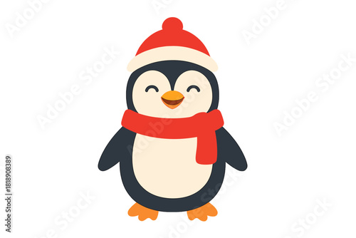 Adorable smiling penguin character wearing festive red winter beanie and scarf