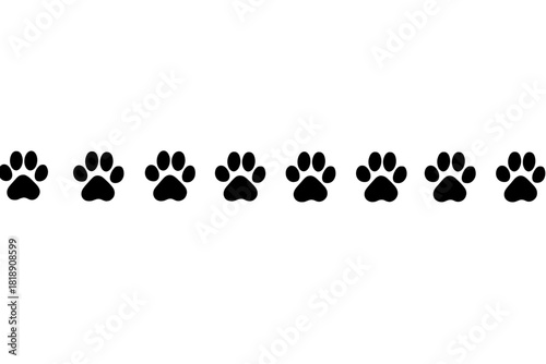 Repeating pattern of black animal paw prints walking across a white background