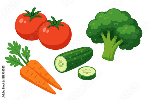 Fresh organic vegetables set including tomatoes carrots cucumber and broccoli isolated on white