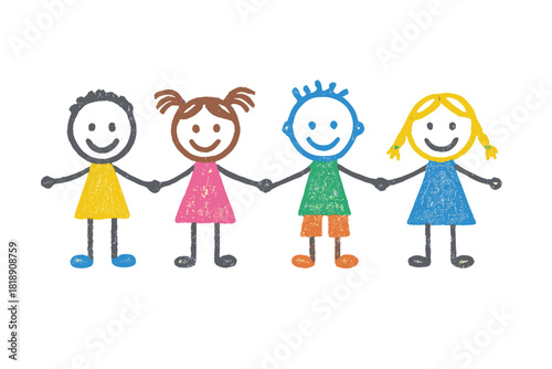 Diverse children stick figures holding hands in a row with colorful crayon texture