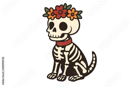 Cute cartoon dog skeleton wearing a colorful floral crown and red collar