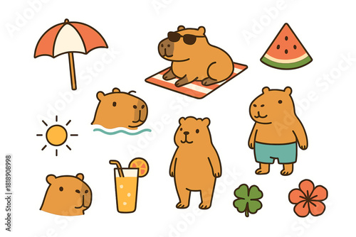 Funny capybara characters enjoying summer vacation activities like sunbathing and tropical drinks