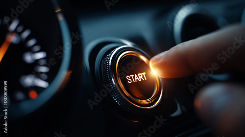 Finger pressing start button in a car's ignition at night