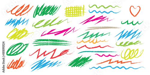 Crayon colorful scribbles and underline icon set vector. Hand drawn grunge scrawls, black charcoal scribbles, messy brush strokes symbol. vector illustration.