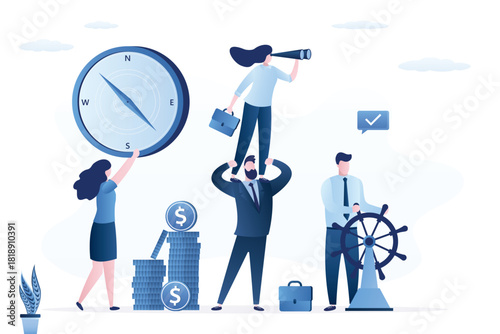 Group of business people choose direction for business. Leader controls the steering wheel, employees use binoculars and compass for finding route,