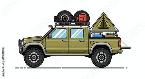 Rugged Overland Expedition Pickup Truck with Rooftop Tent and Gear - Side Profile Vector