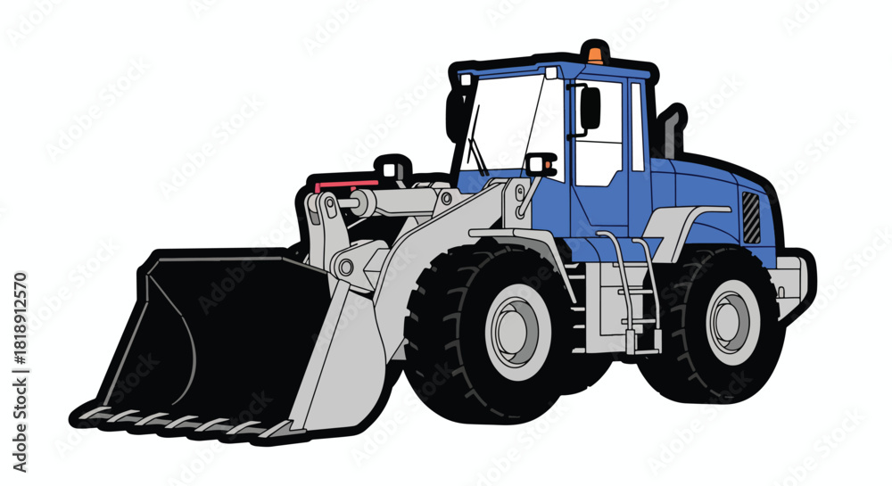 Naklejka premium Vibrant Blue Wheel Loader with Scoop Bucket Isolated Vector Illustration