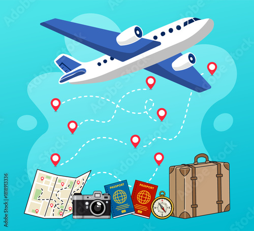 travel vacation tour traveling and direction guidance plane and stuff cartoon style vector template illustration