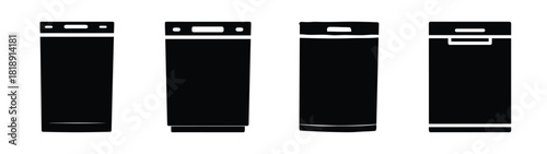 Set of four black silhouette dishwasher icons for kitchen appliances and home design