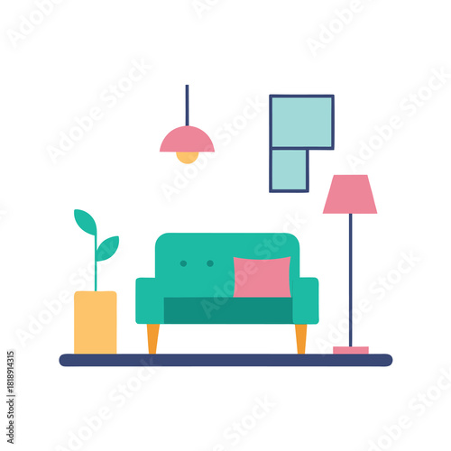 Simple Living Room Flat Color Decor Scene Modern Cozy Interior Concept Line Art Vector illustration