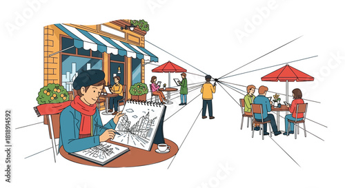 Artist sketches cityscape at outdoor cafe with people enjoying leisure time and using technology