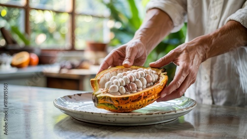 Stylized cacao harvest gesture with open pod and rustic backdrop — warm tones and plant accents for editorial use, culinary clarity, and food heritage illustration.
