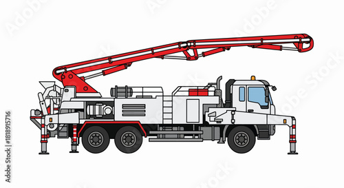 Essential Construction Equipment: Modern Concrete Pump Truck with Extended Boom Arm, Isolated Vector Illustration