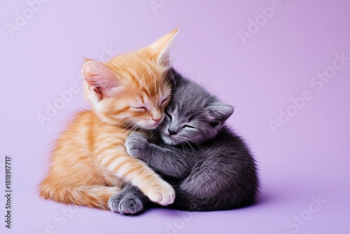 Cute orange kitten and grey kitten hugging with paws wrapped around each other on pastel purple background showing affection
