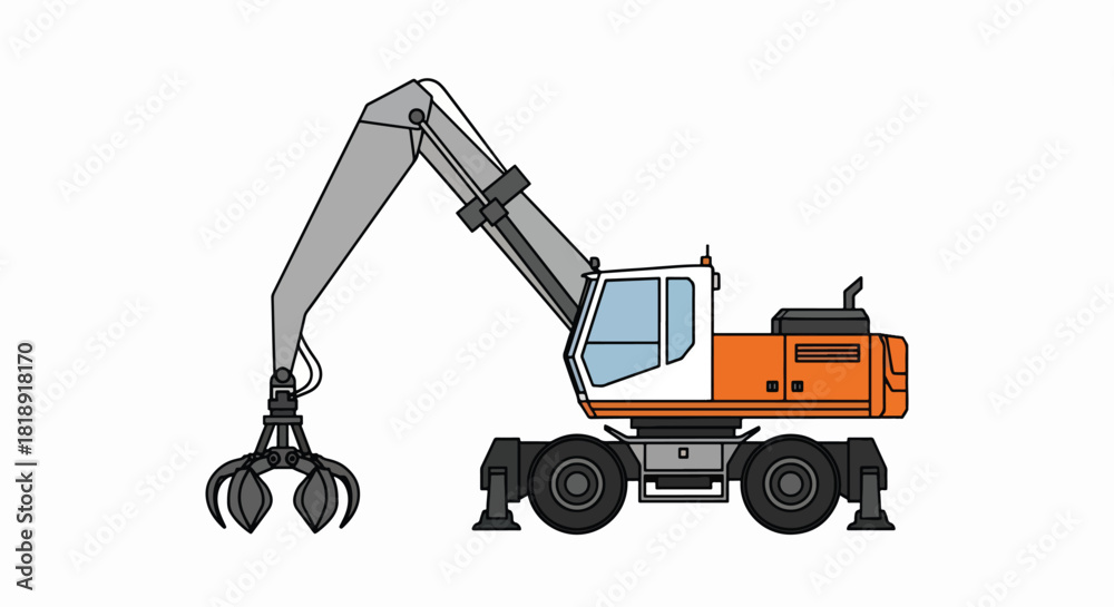 Naklejka premium Heavy-Duty Material Handler with Grapple Claw - Flat Vector Illustration