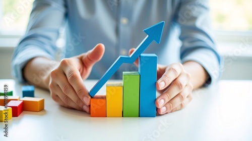 A person arranging colorful wooden blocks into a bar graph with a blue upward arrow, symbolizing business growth or progress.