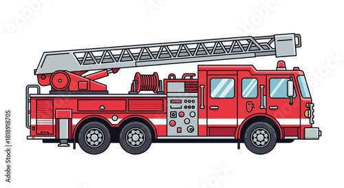 Classic Red Fire Engine Illustration with Extended Ladder Ready for Emergency Response