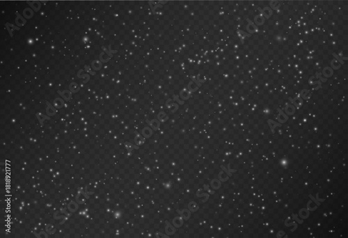 Soft white dust particles, resembling snow, scattered in various sizes and transparencies over a dark checkered background. Minimalistic, calm atmosphere without flares or bright highlights.