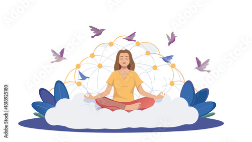 Serene figure in lotus pose meditating peacefully on a fluffy ethereal cloud evoking tranquility and spiritual balance