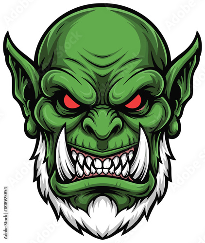 Cartoon orc face illustration, green goblin character, fierce expression, tusks and beard, fantasy monster, villain design, symmetrical artwork, bold lines