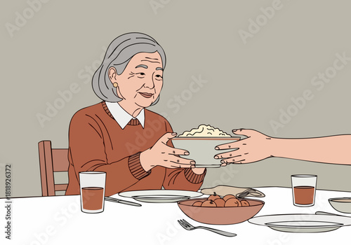 An elderly Asian woman offers a bowl of rice to a younger person. A warm, intimate scene with a focus on kindness and generational connection.  ?Pass the peace? text.