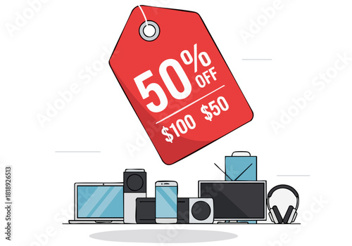 A vibrant red discount tag with a $50 off price floats above a collection of electronic devices. Modern, flat design illustration. Great for sales and promotions.