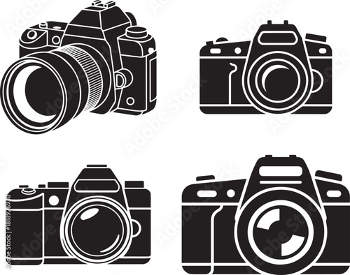 Digital SLR Photo Camera Vector Collection: Monochrome Photography Gear Bundle