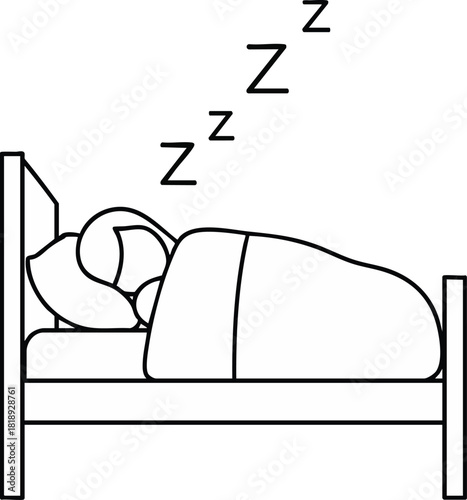 A simple line art illustration depicts a person sleeping soundly in a bed with "Z"s. This outline icon represents rest, relaxation, and bedtime