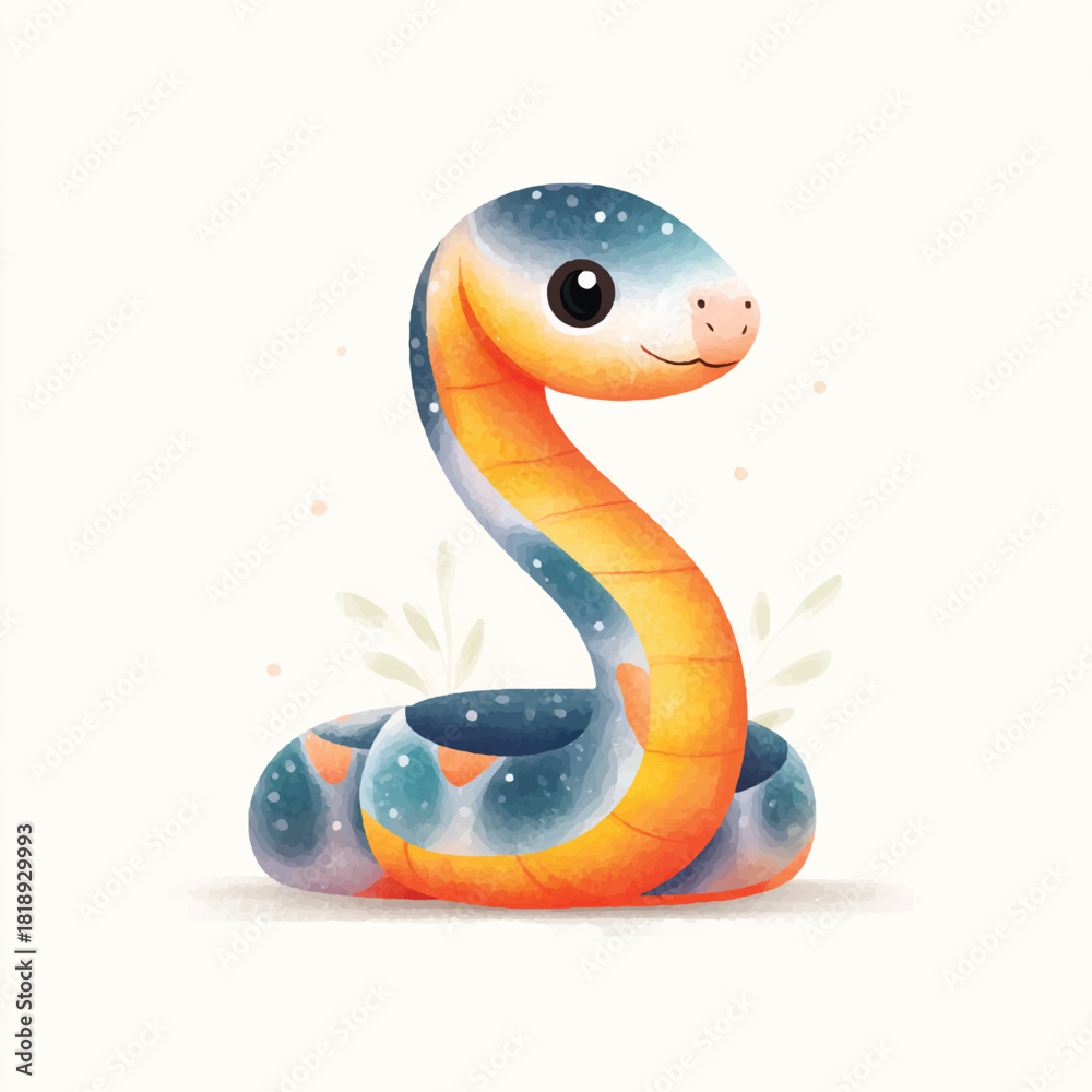 Fototapeta premium Cute Cartoon Snake Watercolor Illustration. Adorable Baby Reptile.