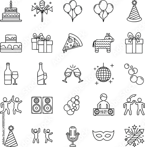 A vector illustration of party icons. Celebration and event elements depicted with a minimal, line-drawing style