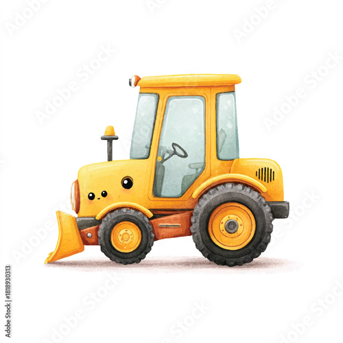 Cute Cartoon Yellow Tractor with Plow - Watercolor Construction Vehicle