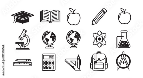 Back to school education study black and white vector set