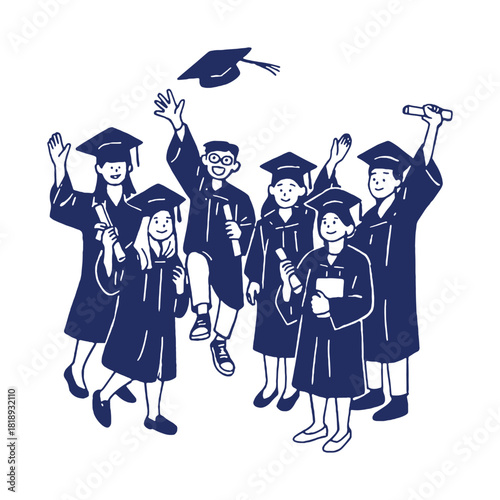 Celebratory graduation vector illustration in bold black-and-white style, showing joyful students in caps and gowns, perfect for academic designs, school promotions, and educational materials.