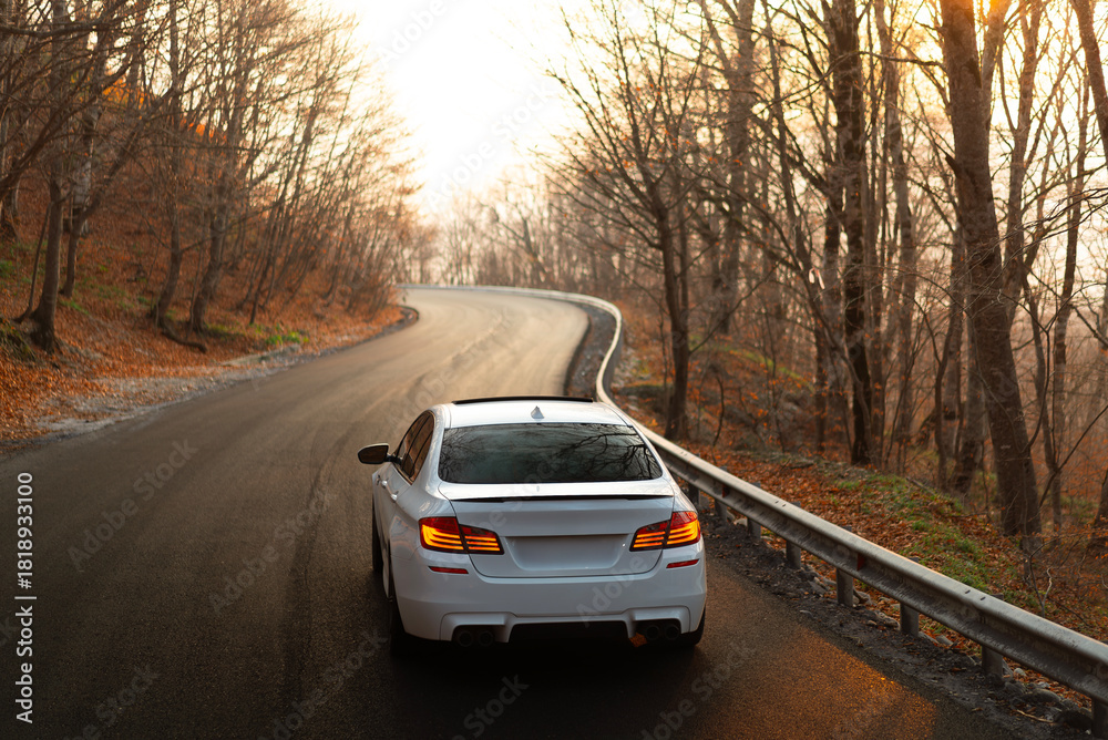 Fototapeta premium A white sports car is standing on a road in the forest. Fast modern car. Autumn landscape. Confidence behind the wheel.