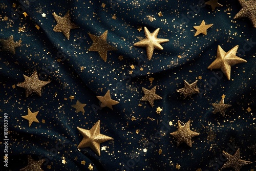 Gold star decorations scattered on glitter fabric background sparkling with luxurious festive texture perfect for holiday and event design.