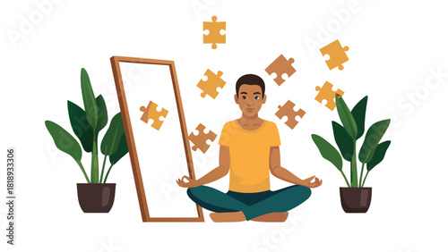A calm contemplative character is surrounded by colorful floating puzzle pieces symbolizing problem solving ideas and mental clarity in a serene setting